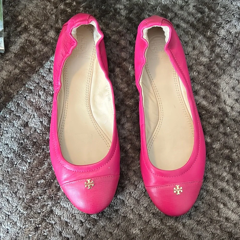 Tory Burch Hot Pink Leather Ballet Flats with Gold Logo